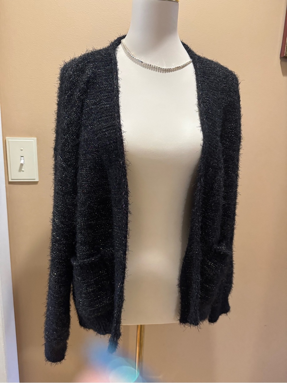 Black with gold threading Fuzzy Open-Front Women's Sweater Cardigan